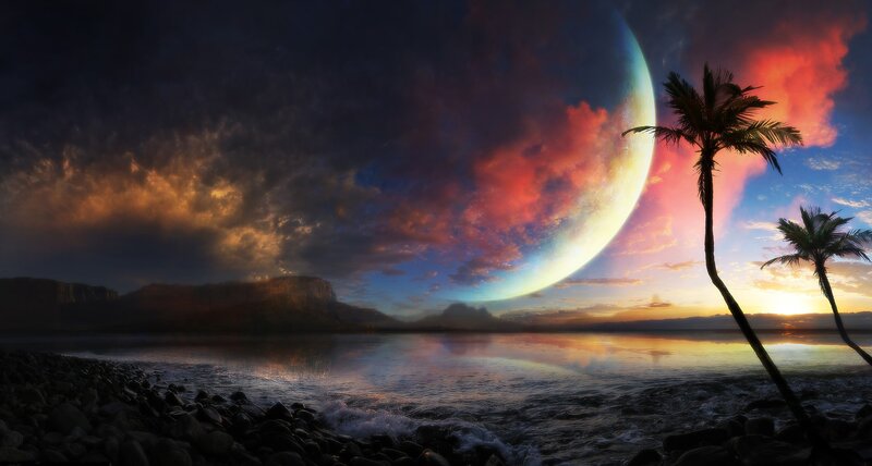 Palm Trees on Beach — Blue, Dramatic, Sunset, Digital Art, Planet