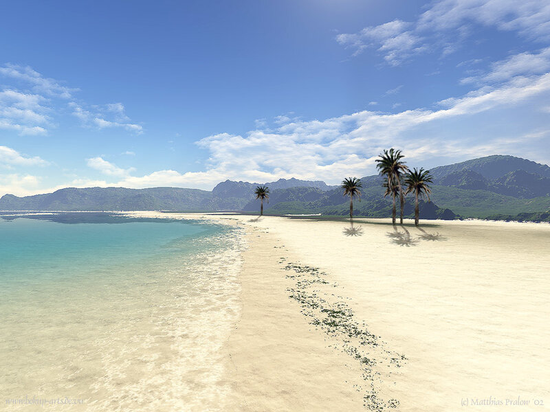 Palm Trees on Beach — Blue, Serene, Afternoon, Digital Art, Mountains