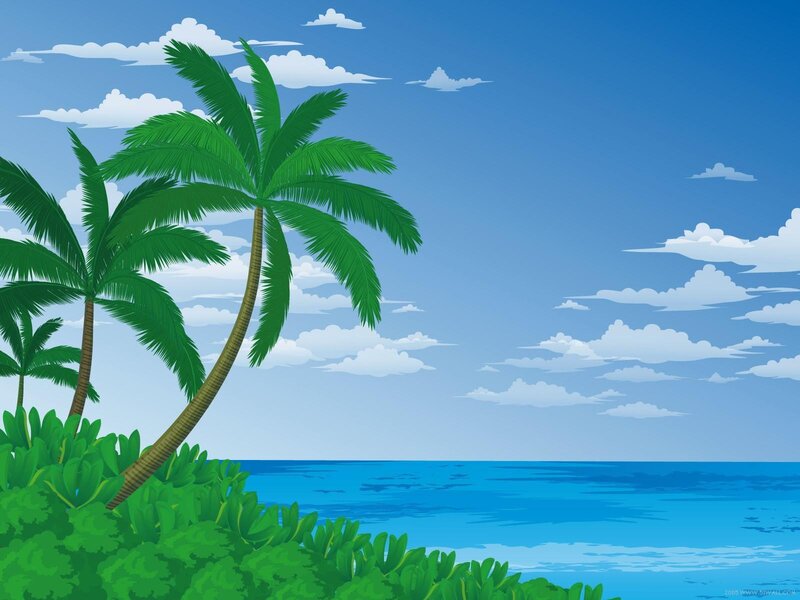Palm Trees on Beach — Blue, Serene, Afternoon, Illustration, Ocean, Clouds