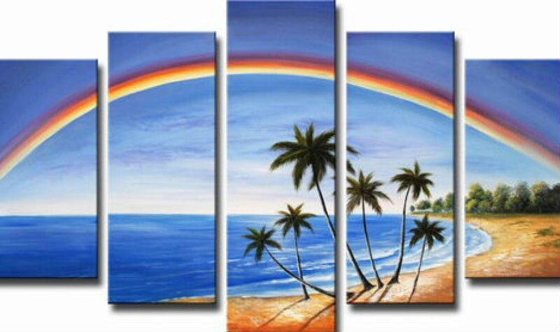 Palm Trees on Beach — Blue, Serene, Afternoon, Painting, Rainbow