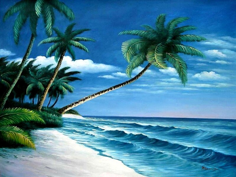 Palm Trees on Beach — Blue, Serene, Afternoon, Painting