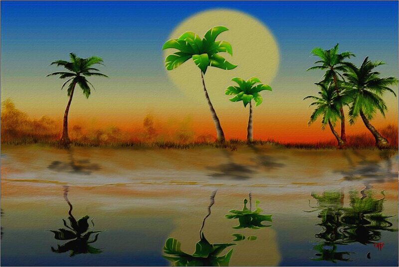 Palm Trees on Beach — Blue, Serene, Sunset, Digital Art
