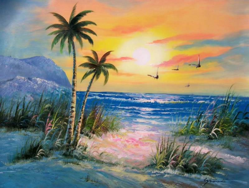Palm Trees on Beach — Blue, Serene, Sunset, Painting