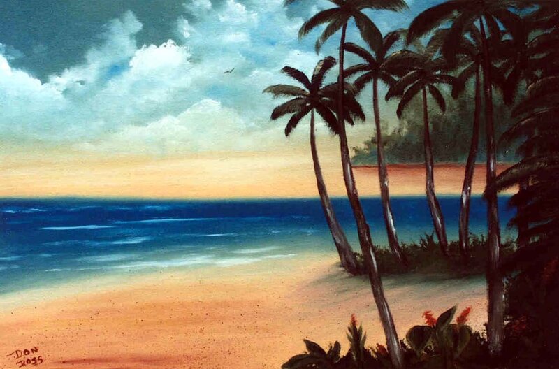 Palm Trees on Beach — Blue, Serene, Sunset