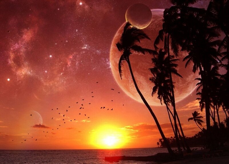 Palm Trees on Beach — Orange, Dramatic, Sunset, Digital Art, Planets