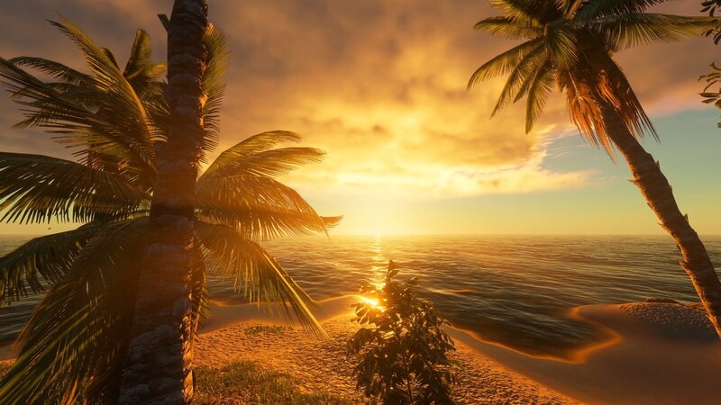 Palm Trees on Beach — Orange, Serene, Sunset, 3d Render, Ocean, Sand