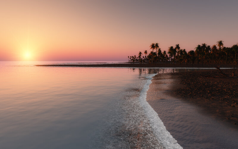 Palm Trees on Beach — Orange, Serene, Sunset, 3d Render, Sun