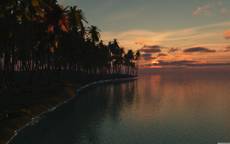 Palm Trees on Beach — Orange, Serene, Sunset, Digital Art