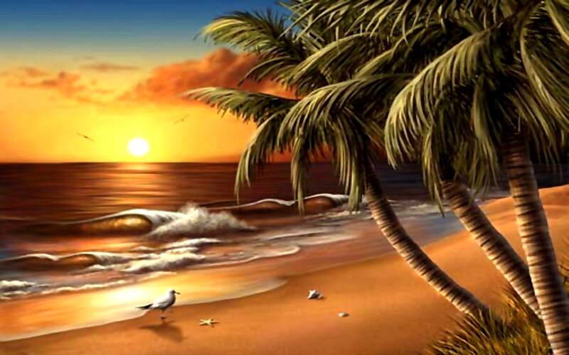 Palm Trees on Beach — Orange, Serene, Sunset, Painting