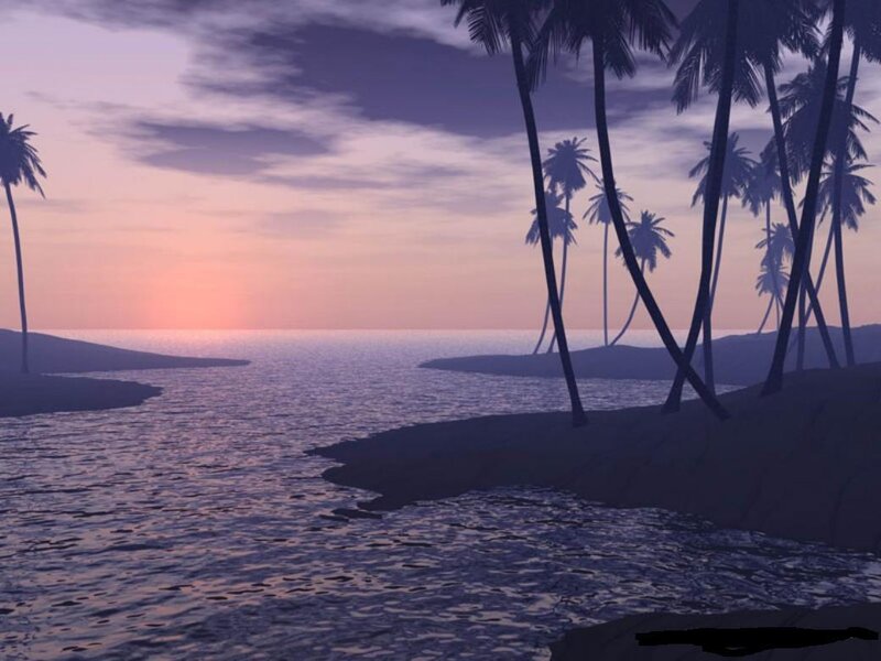 Palm Trees on Beach — Purple, Serene, Sunset, 3d Render