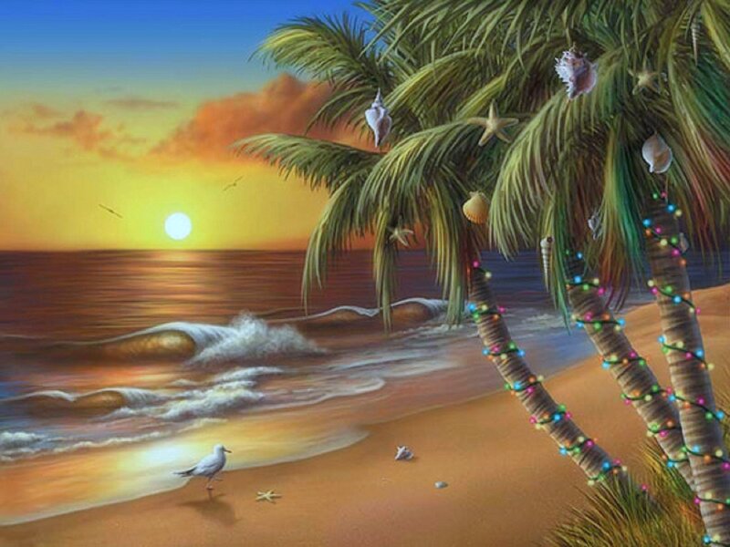 Palm Trees on Beach — Yellow, Serene, Sunset, Digital Art