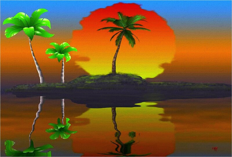 Palm Trees on Island — Blue, Serene, Sunset, Digital Art, Sun, Reflection