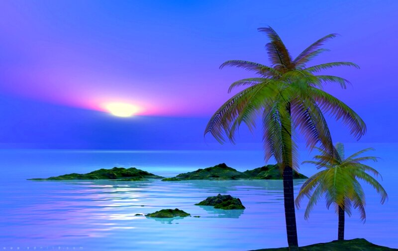 Palm Trees on Island — Blue, Serene, Sunset, Digital Art, Sun