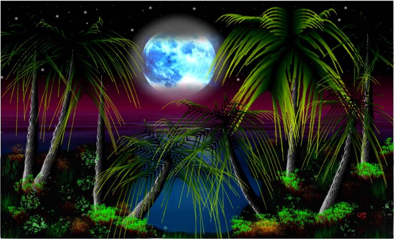 Palm Trees under Moon — Green
