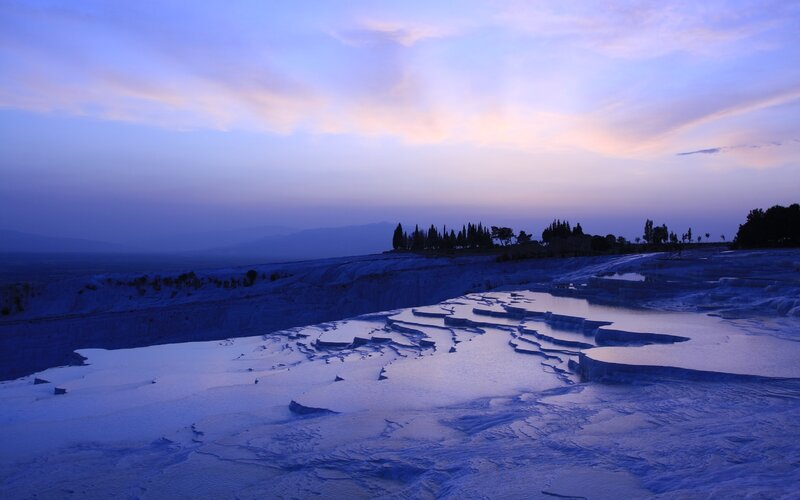 Pamukkale Travertines — Blue, Serene, Sunset, Photograph, Travertine Terraces