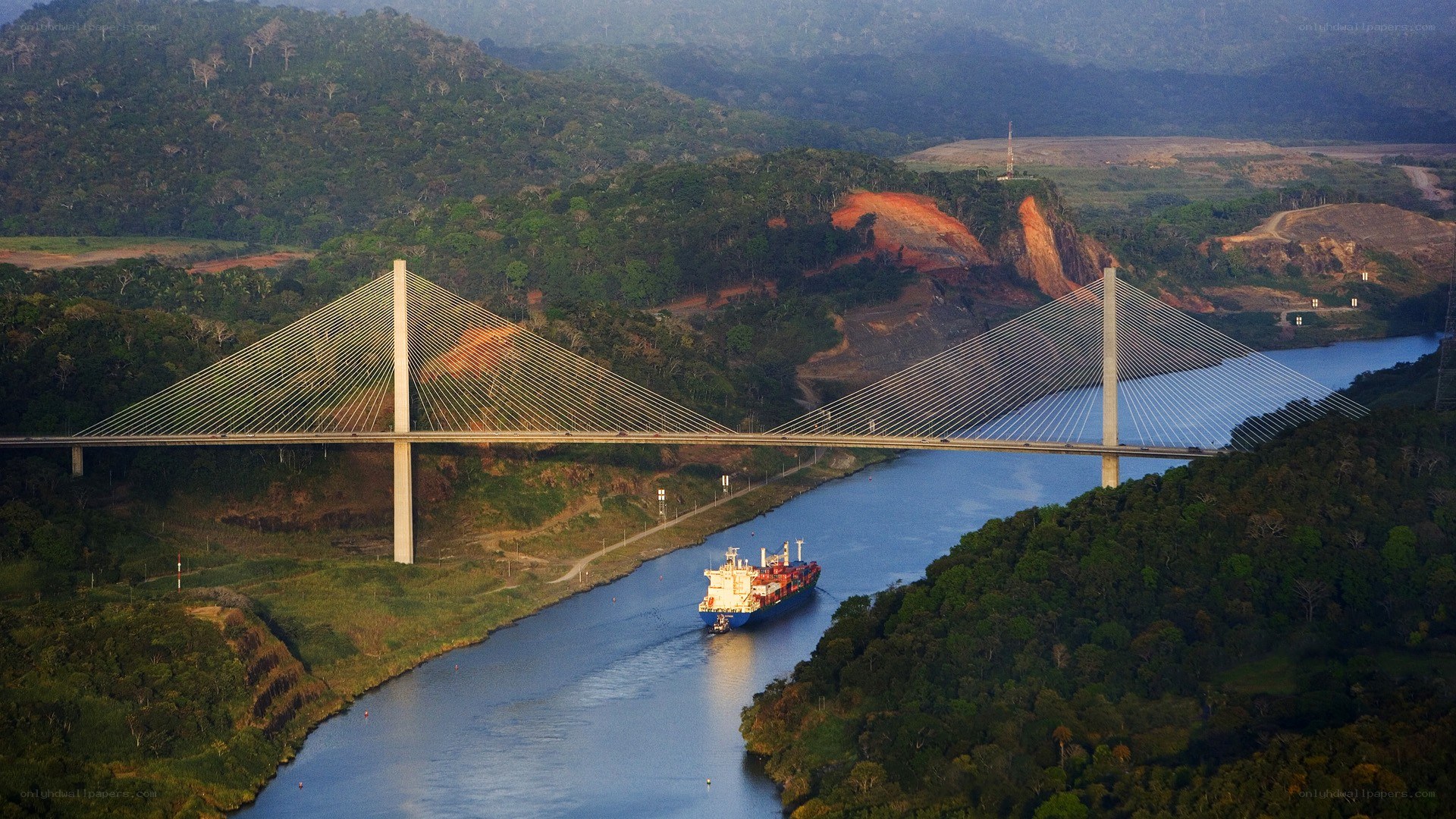 Panama Canal bridge and ship