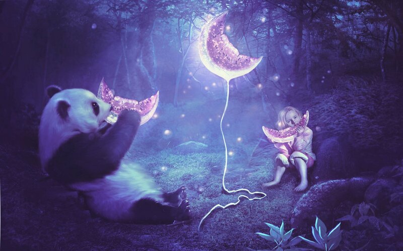 Panda and Child Eating Moon