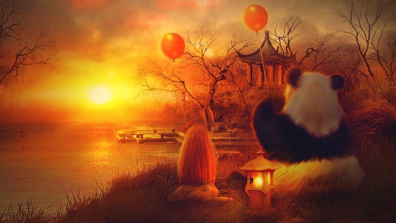 Panda and girl at sunset