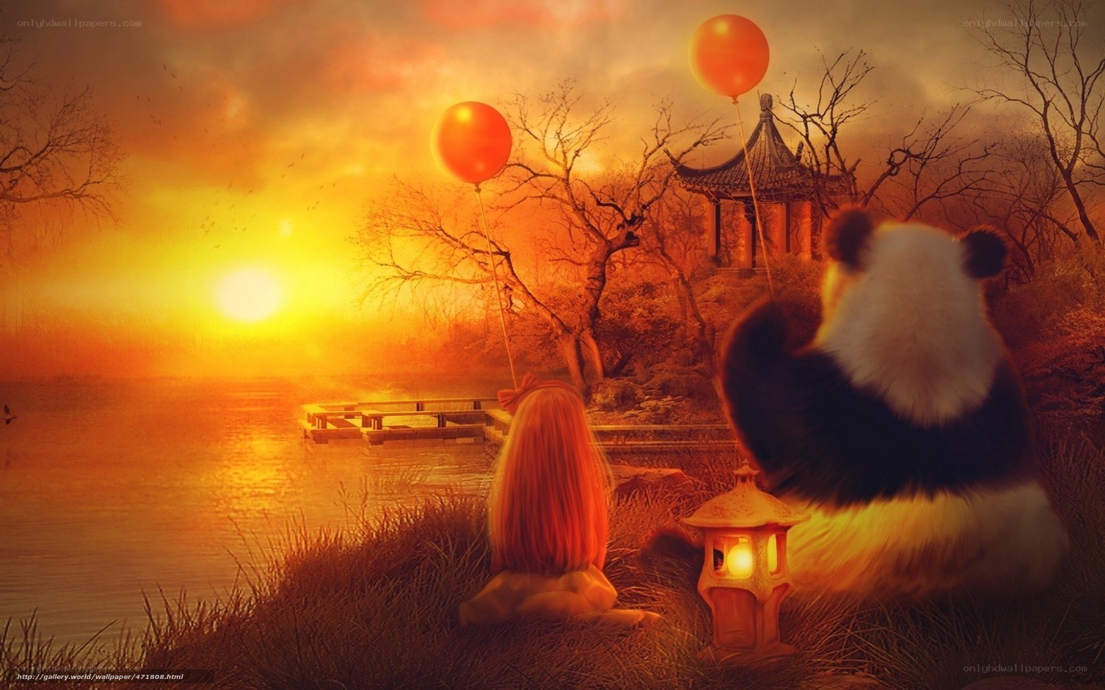 Panda and girl at sunset