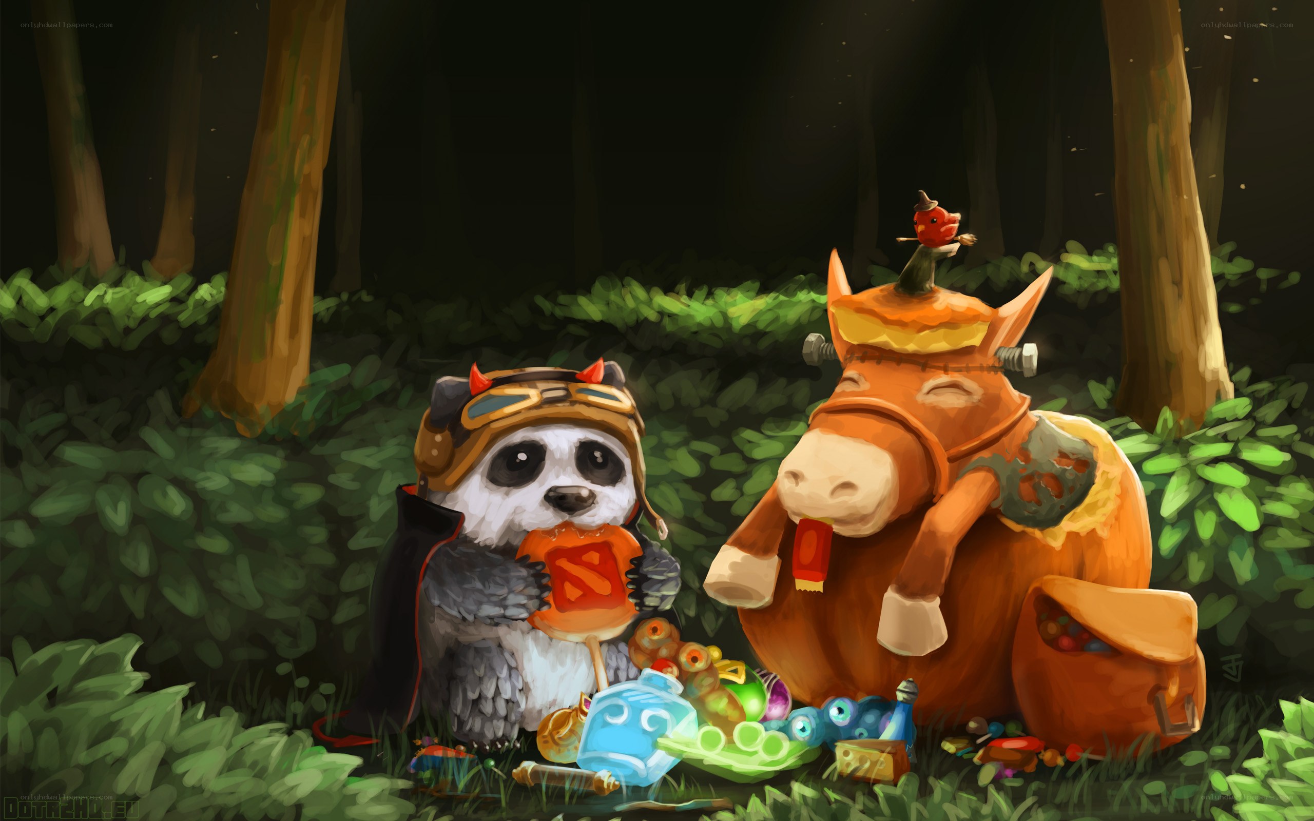 Panda and horse in forest