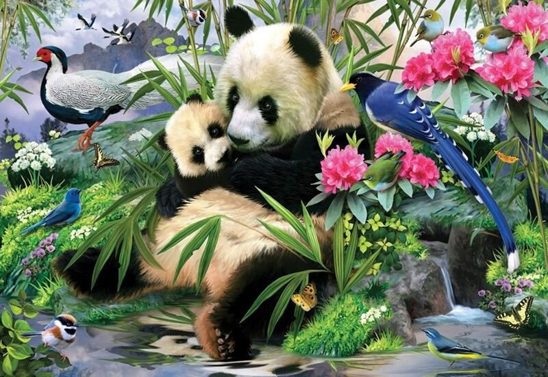 Panda Bear with Cub — Green, Serene, Spring