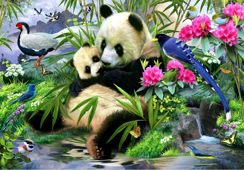 Panda Bear with Cub — Green, Serene