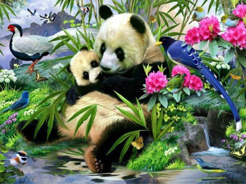 Panda Bear with Cub — Green