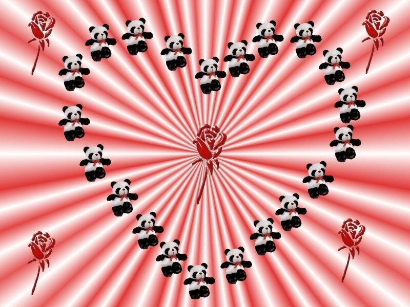 Panda bears and roses in heart shape