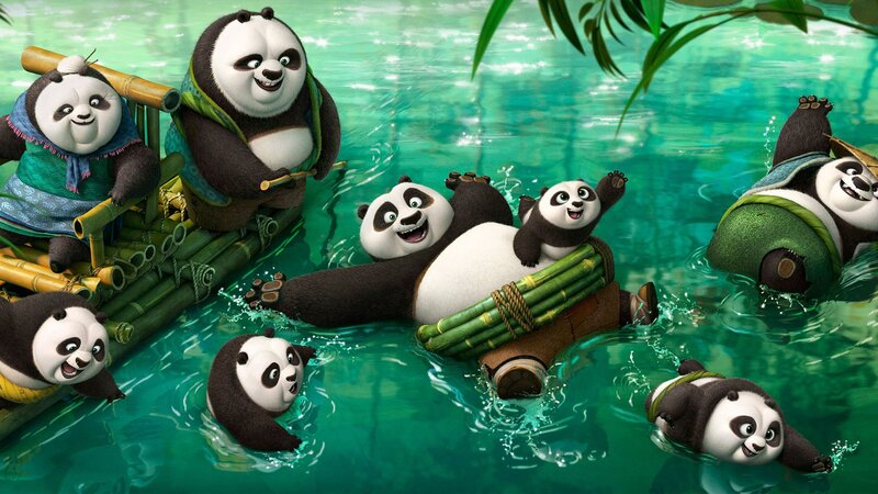 Panda Bears in Water — Green, Playful