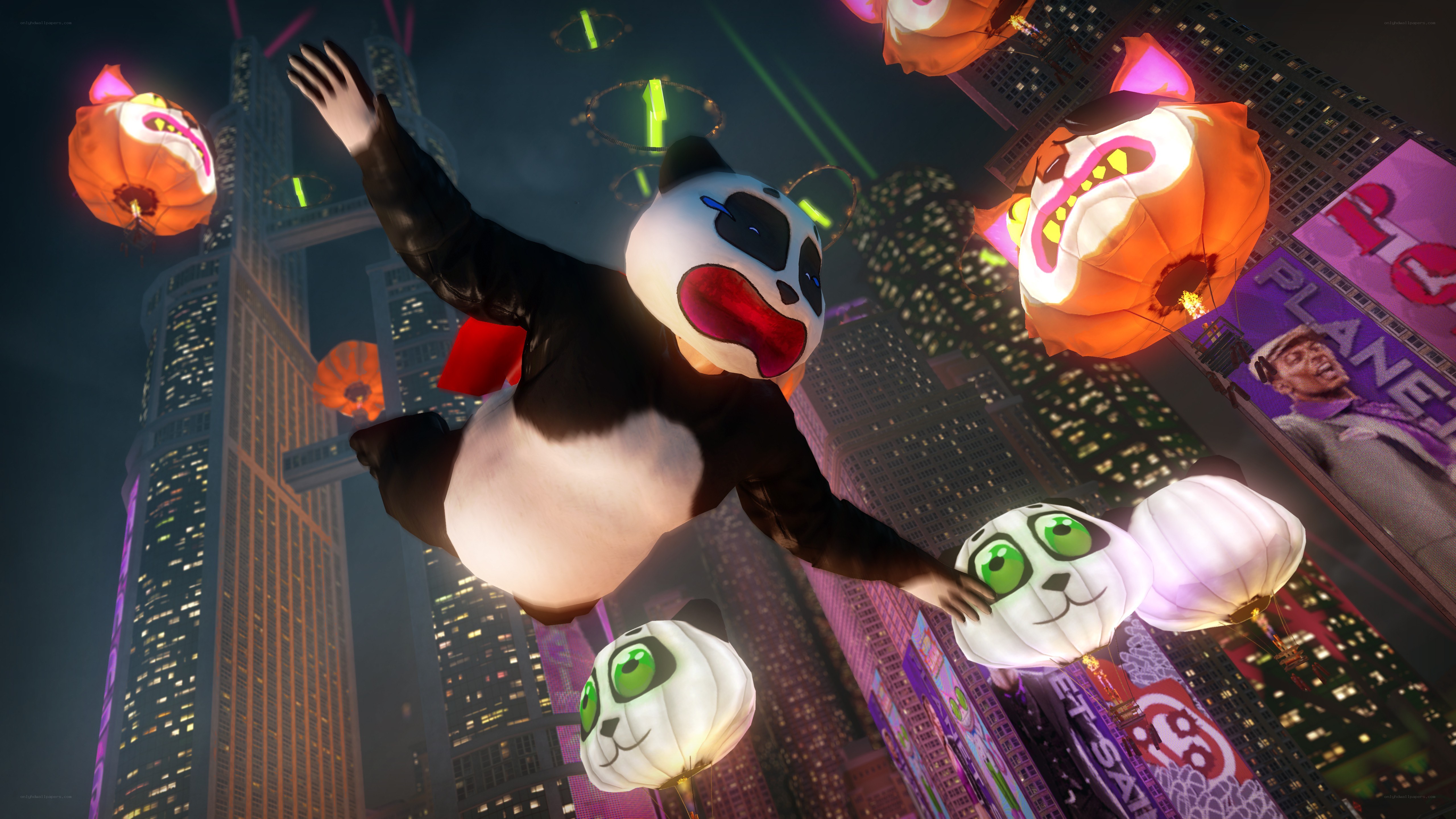 Panda character in city at night