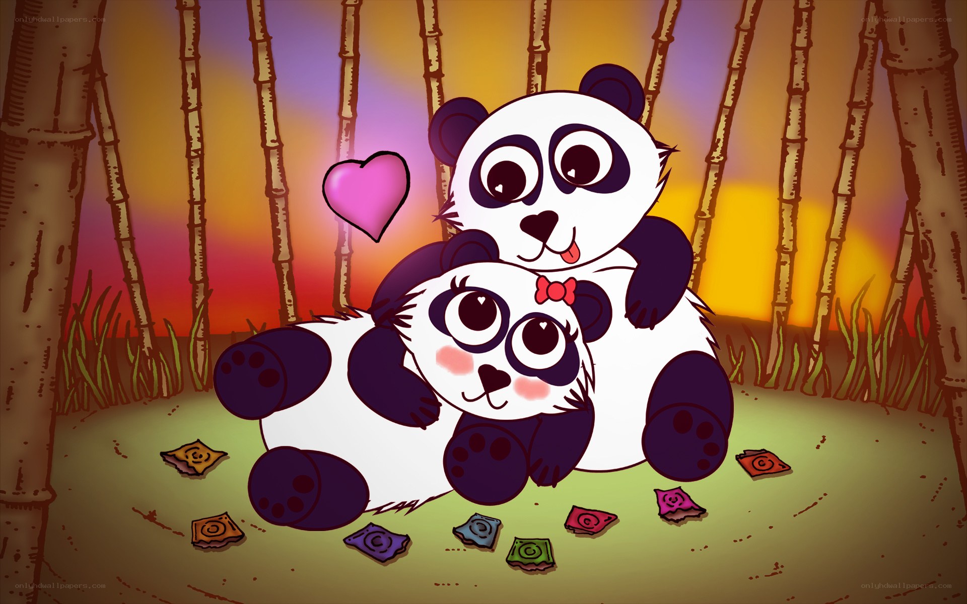 Panda couple in bamboo forest