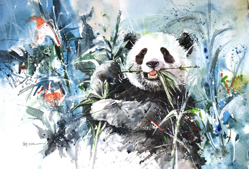 Panda Eating Bamboo — Blue, Calm