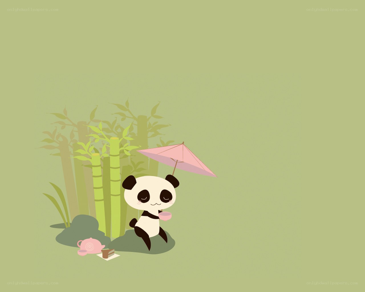 Panda enjoying tea under umbrella