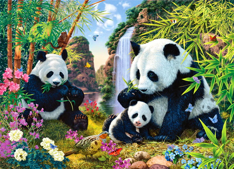 Panda Family in Forest — Green