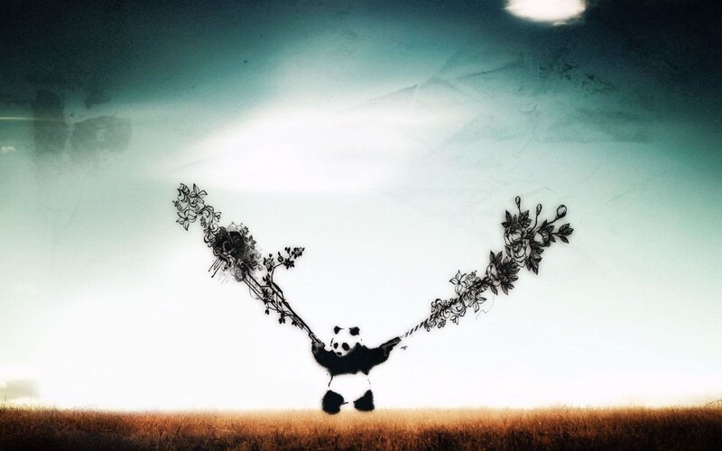 Panda Holding Floral Branches
