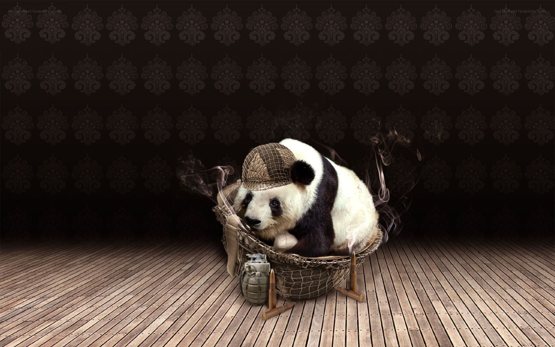 Panda in a basket with smoke