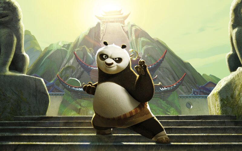 Panda in Martial Arts Pose — Green, Dramatic, Morning, 3d Render