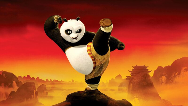 Panda in Martial Arts Pose — Red, Dramatic, Sunset, 3d Render, Mountain, Temple, Sky, Orange