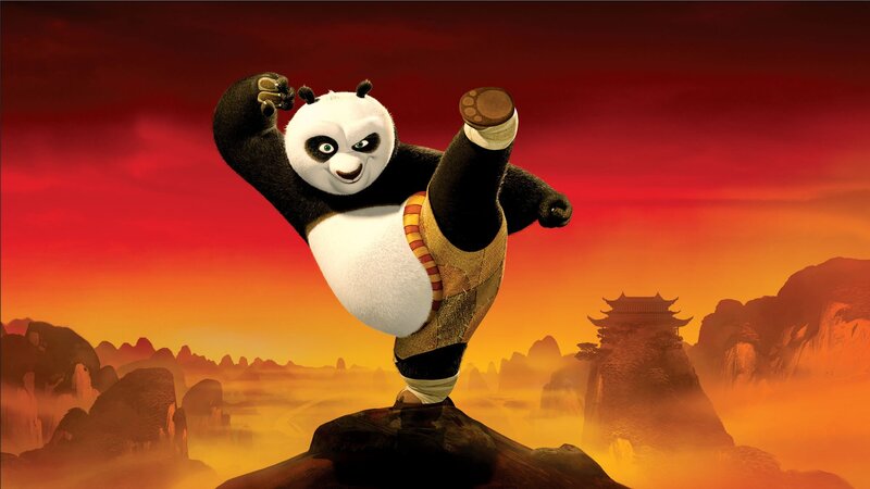 Panda in Martial Arts Pose — Red, Dramatic, Sunset