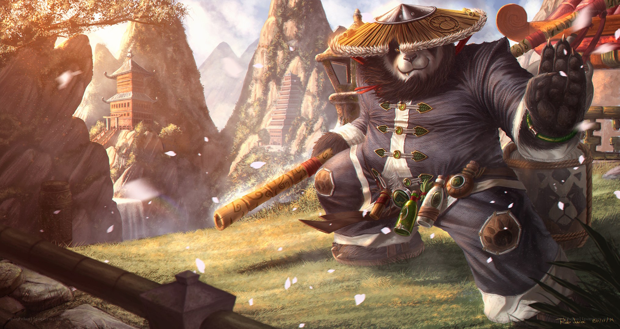 Panda monk in a mountain temple