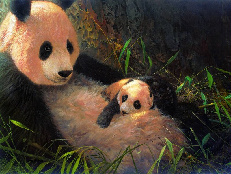 Panda Mother and Cub — Black, Serene, Painting