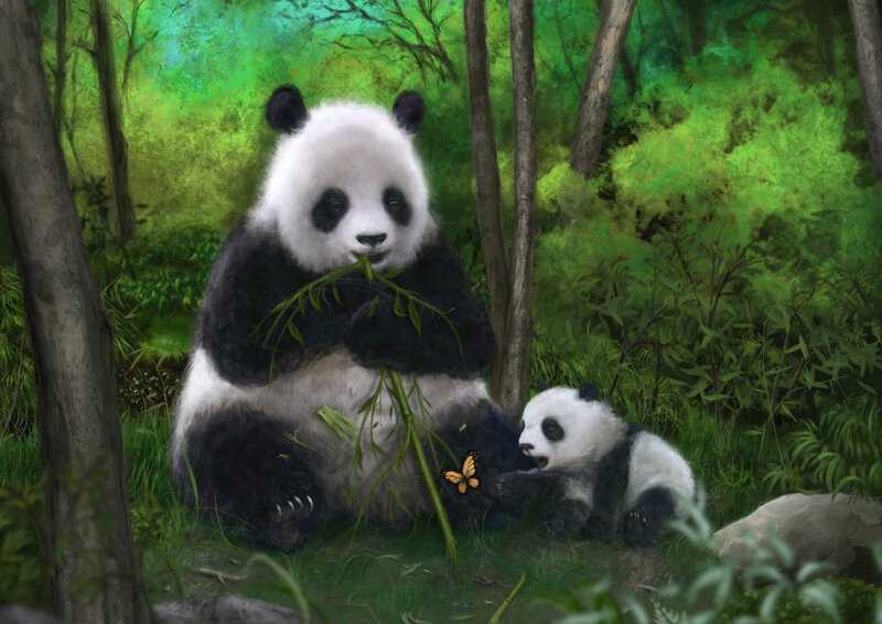 Panda Mother and Cub — Green, Serene, Afternoon