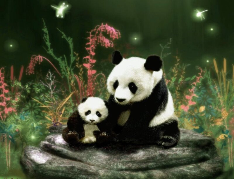 Panda Mother and Cub — Green, Serene