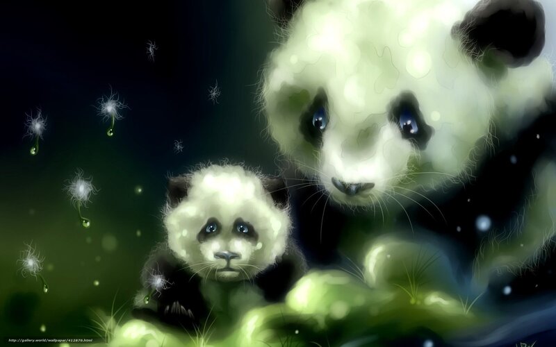 Panda mother and cub in dreamy forest