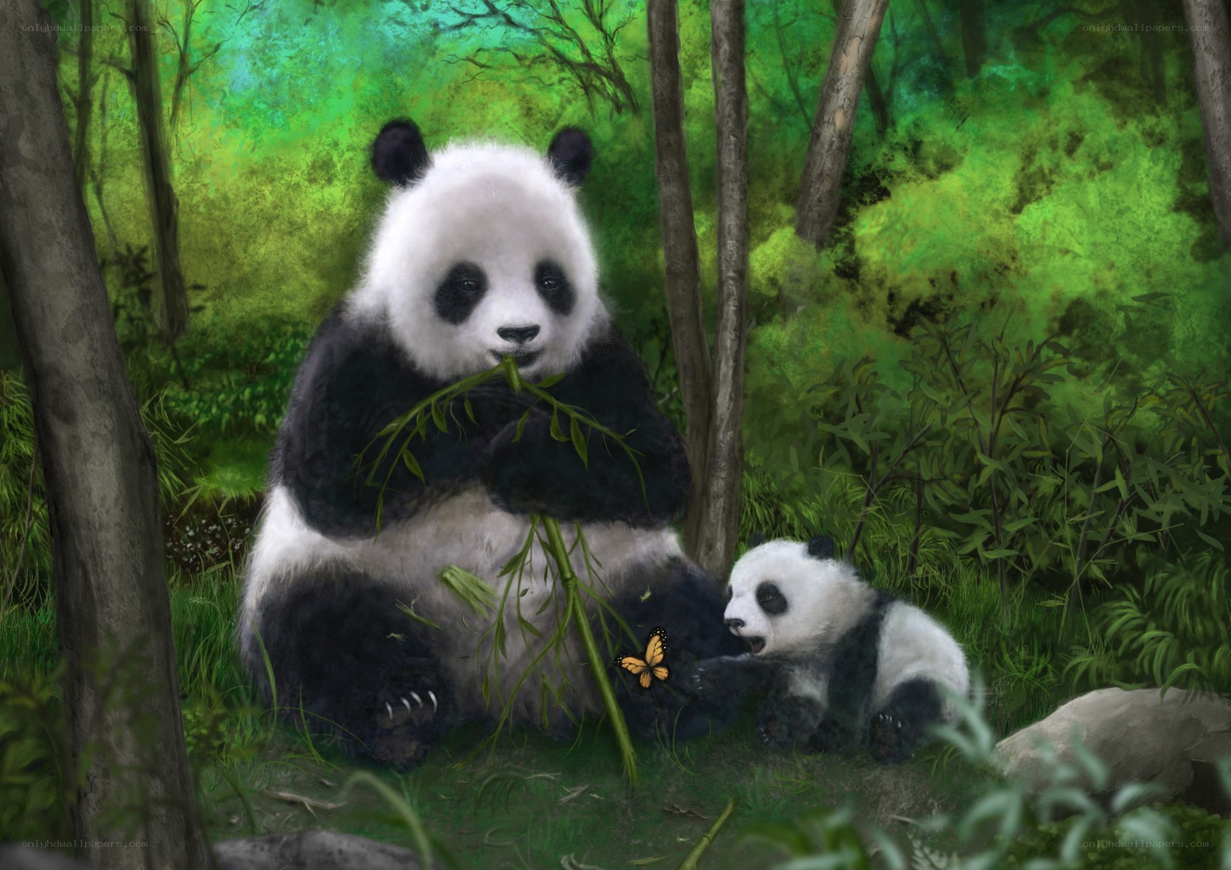 Panda mother and cub in forest
