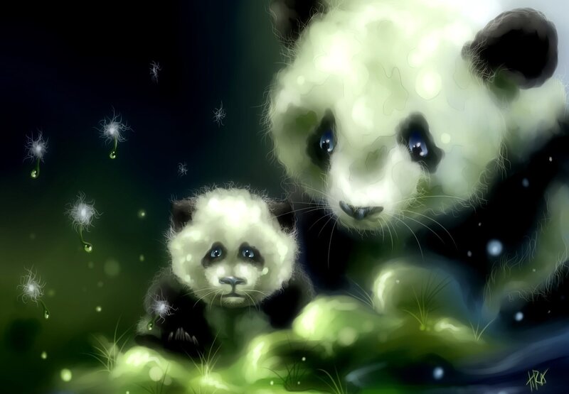 Panda mother and cub in green light