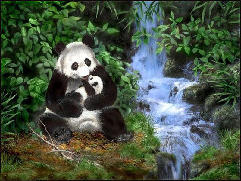 Panda Mother with Cub — Green