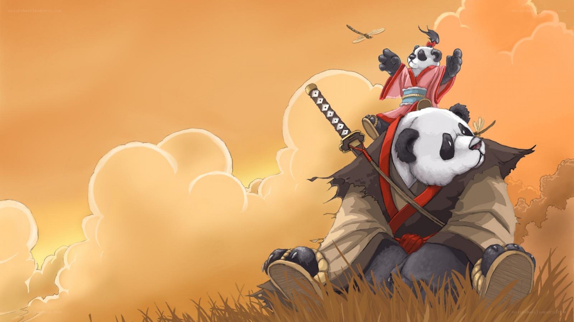 Panda samurai in sunset