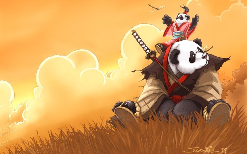 Panda samurai in sunset