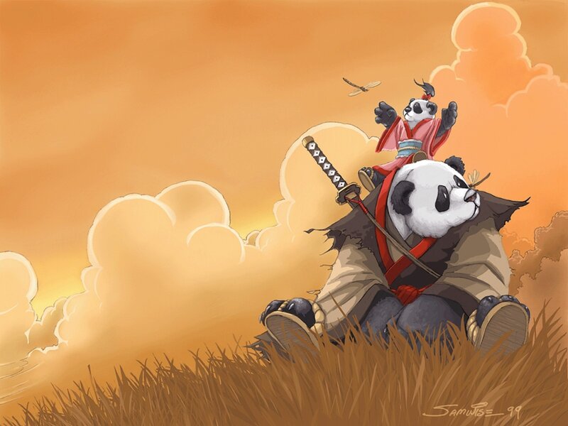Panda Samurai Warriors — Orange, Dramatic, Sunset